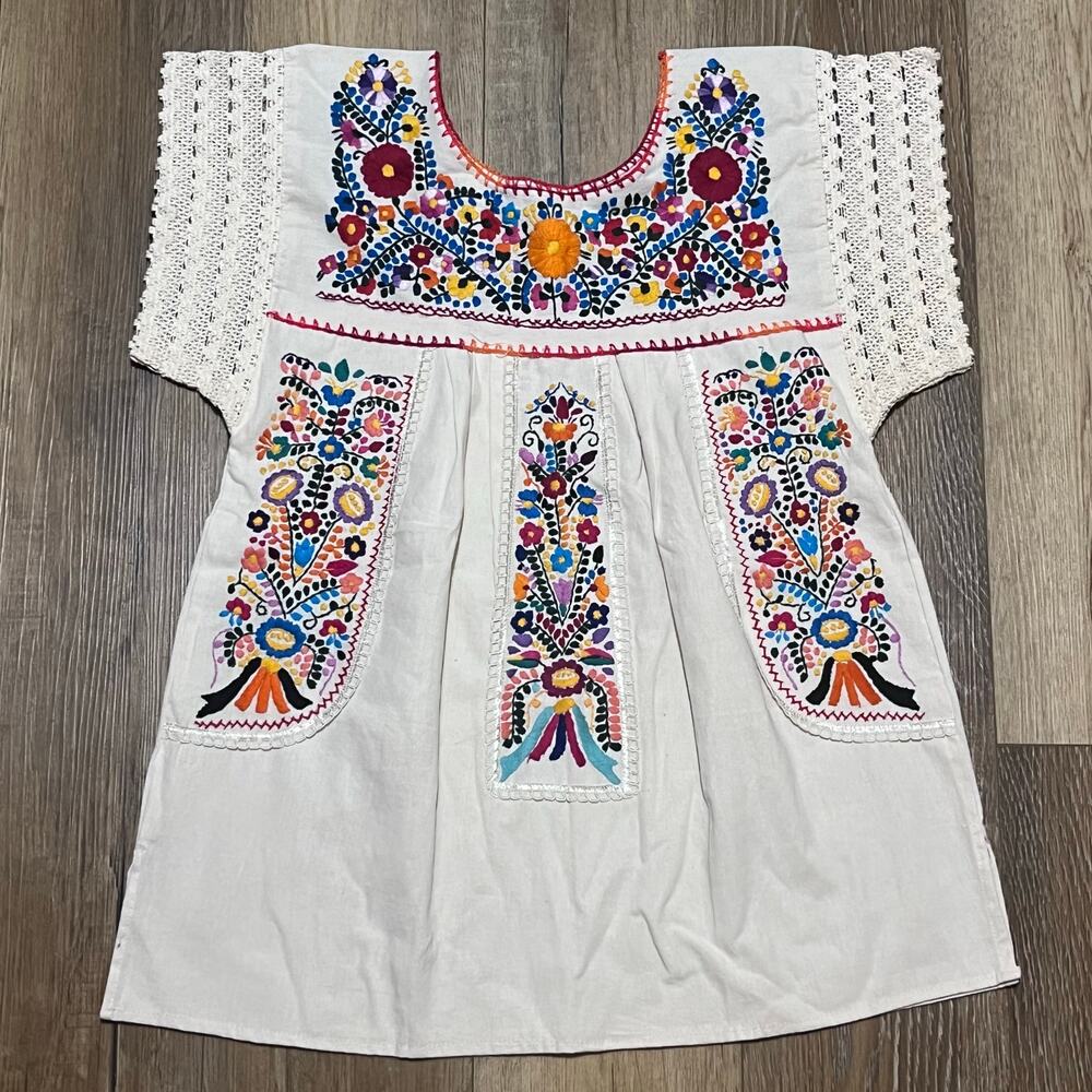 Vtg Artesanias FR Mexican Huipil Hand Embroidered Folk Art Tunic L Boho Festival - Picture 1 of 9